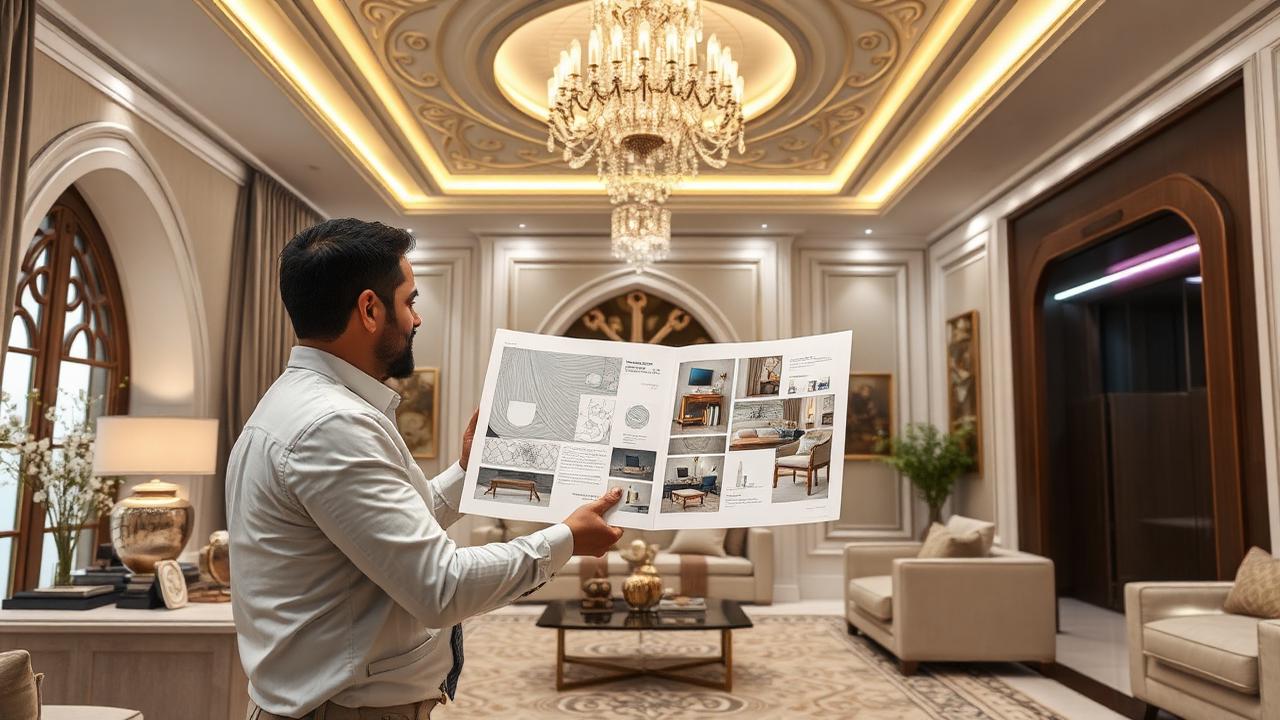 مقاول ديكورات يعرض لوحة تصاميم وخامات داخل مجلس فاخر بالرياض