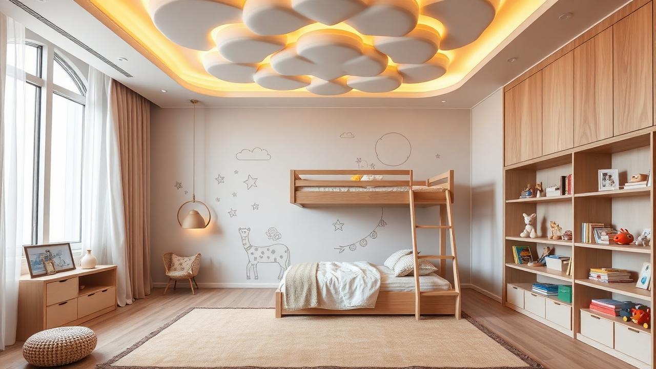 غرفة أطفال عصرية بسرير دورين وسقف سحابي مضاء في الرياض